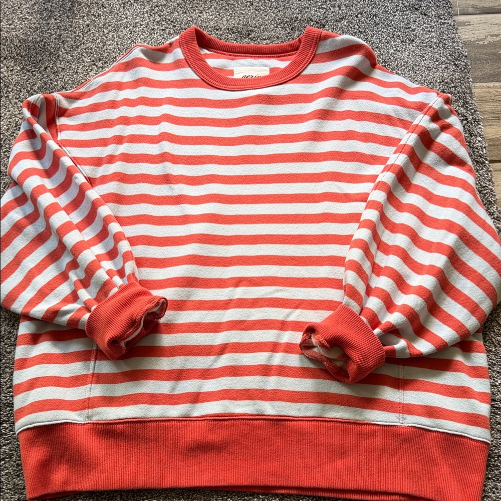 Women’s Coral and White Striped Crewneck Sweater - Picture 2 of 4